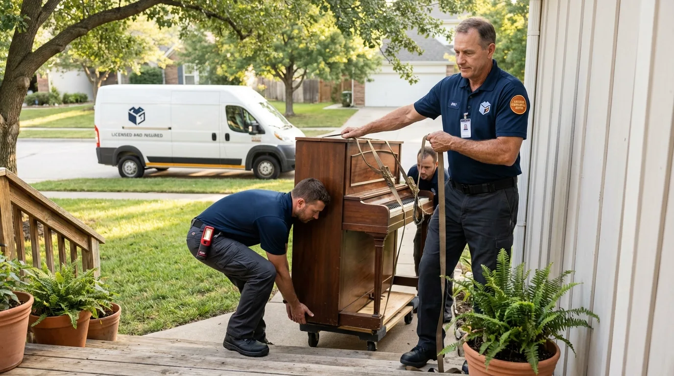 Licensed piano movers securing grand piano in Wood River, NE