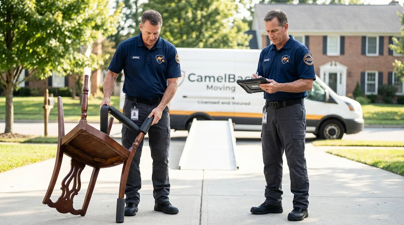 Movers inspecting furniture for damage prevention before loading in Wood River, NE