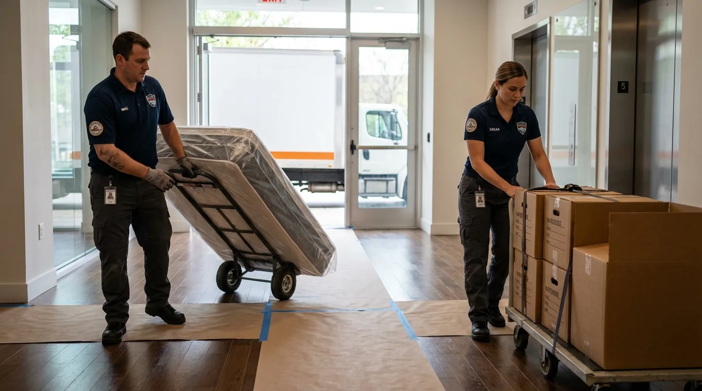 Professional apartment movers loading elevator in Wood River, NE